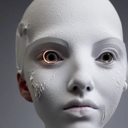 Image similar to full head and shoulders, beautiful female porcelain sculpture with melting white paint 3 d cyborg elements, white prosthetic eyes, 3 d goggles, smooth, all white features on a white background, delicate facial features, white eyes, white lashes, detailed white liquid, anatomical by daniel arsham and james jean