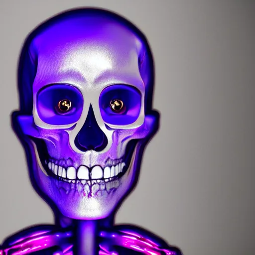 Prompt: a detailed professional portrait of a fancy skeleton with expressive features and metallic teeth, metal teeth, professional photography, longshot, full portrait, skeleton in a suit, purple glowing eyes