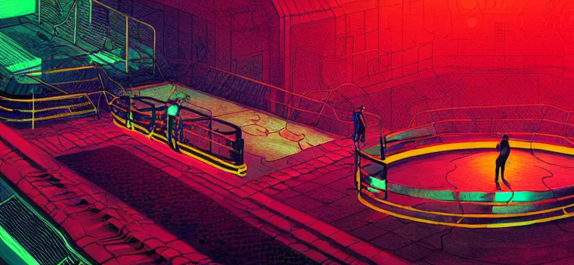 Image similar to handmade illustration of futuristic boxing ring, line art, octane render with volumetric lighting, watercolor by Kilian Eng and escher, olympic weight room in bladerunner neon radioactive swamp