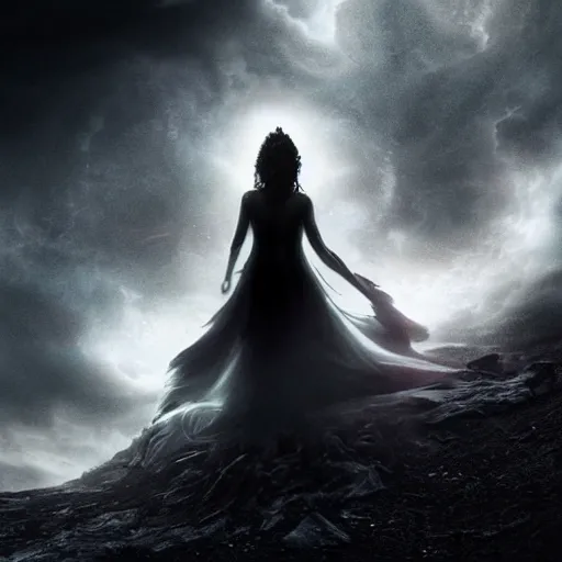 Prompt: stunning otherworldly goddess of beauty rising from the void, dark and mysterious, stopped in time, atmospheric, ominous, eerie, cinematic, epic, 8 k, 4 k, ultra detail, ultra realistic, rendered by awesomeness