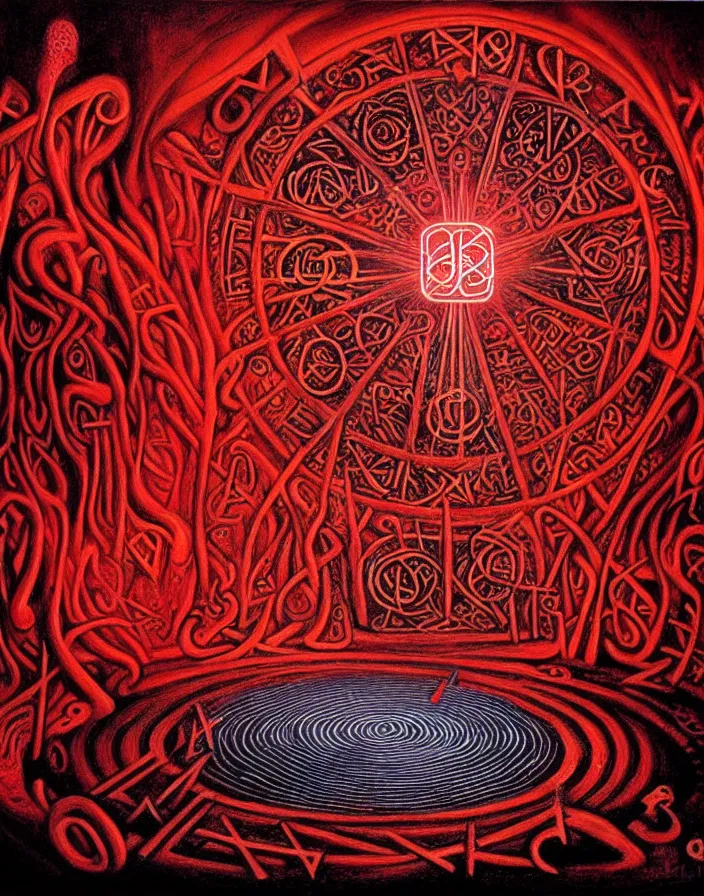 Image similar to beautiful painting of a summoning circle spell with runes in a dark cave, tarot, complex environment, by johfra bosschart, fractals, red liquid glowing metal veins, details