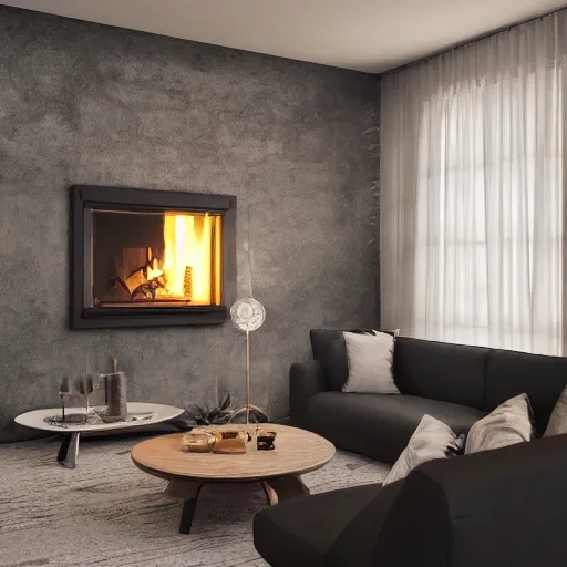 Prompt: cosy fireplace, modern home design interior, living room with couches, octane render, hyperrealistic, concrete archetecture, vray, volumetric lighting, cinema 4 d, unreal engine