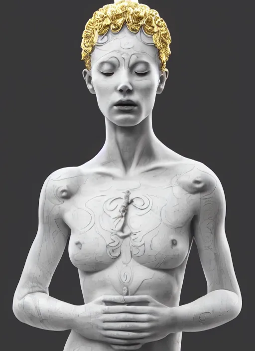 Image similar to a statue made of white marble with gold veins, of an beautiful gorgeous angel girl, full body shot, perfect symmetrical body, perfect symmetrical face, no eyes, hyper realistic, hyper detailed, fujicolor superia 1 6 0 0 photo, by johannen voss, by peter kemp, by monia merlo, by michelangelo octane render, blender, 8 k