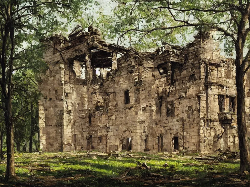 Prompt: A beautiful painting of a dilapidated ancient castle building in the wood, by Coby Whitmore, Trending on artstation, very detailed