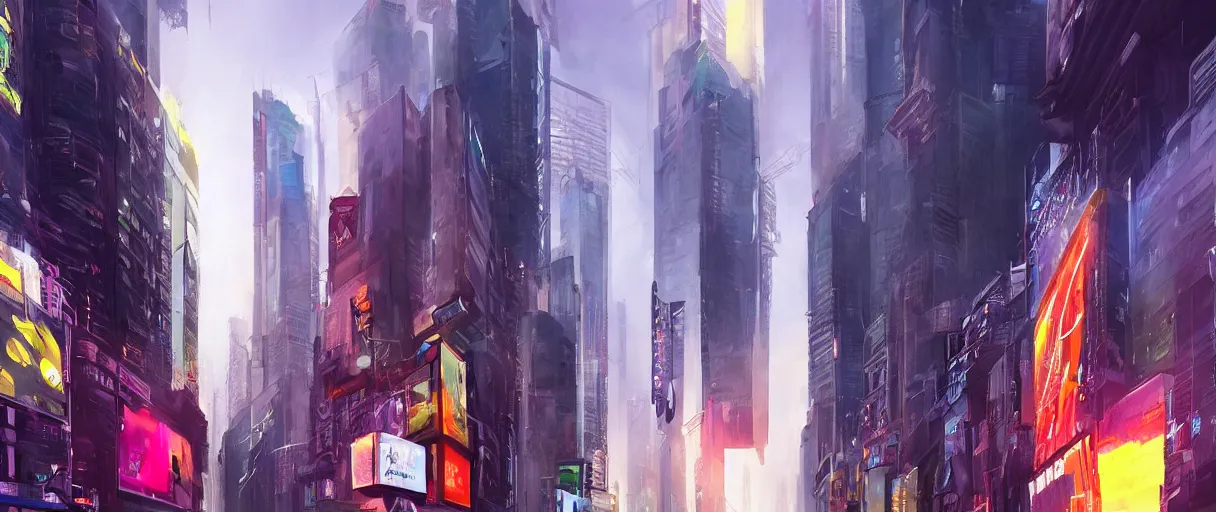 Image similar to huge modern downtown city, billboards, Times Square, concept art, digital painting, style of jordan grimmer, warm lighting, futuristic, volumetric lighting, view from below, vivid colours, bright, daytime, godrays , high detail