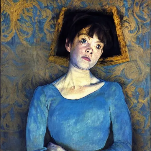 Image similar to palette knife oil painting portrait of a girl in a blue and gold room, film still by goya, by henri de toulouse - lautrec, by pontormo, extreme detail, liminal aesthetic, artgerm, deviant art, octane, substance, art history 8 k, art nouveau