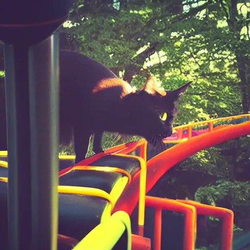 Image similar to happy black cat on a rollercoaster looping. focus on the cat. sunlight. polaroid photo. vivid colors.