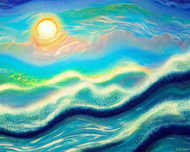 Image similar to Ocean waves in a psychedelic dream world. Landscape painting.