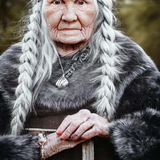 Prompt: Old viking woman with braids in gray hair wearing fur and jewelry