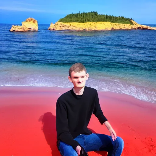 Image similar to vitalik buterin on a red beach taking a selfie