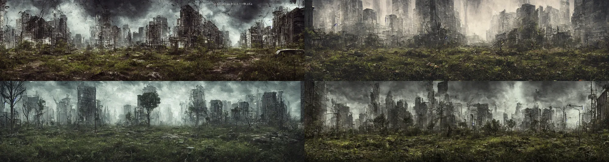 Prompt: overgrown city in the apocalypse, photography, cinematic lighting