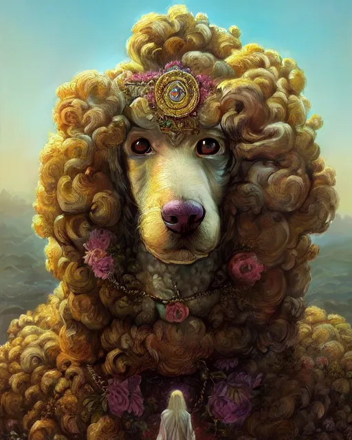 Image similar to highly detailed surreal vfx portrait of a sacred poodle, stephen bliss, unreal engine, greg rutkowski, loish, rhads, beeple, makoto shinkai and lois van baarle, ilya kuvshinov, rossdraws, tom bagshaw, alphonse mucha, global illumination, detailed and intricate environment