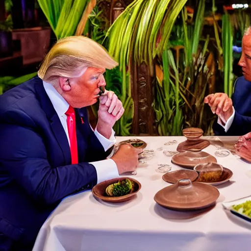 Image similar to Trump and Biden having dinner at a fancy Balinese restaurant, award winning photography, 85mm, perfect faces