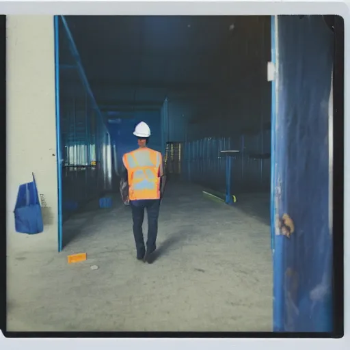 Prompt: a polaroid photo of man walking lazada logistics warehouse, he's wearing blue cloth and construction hat,, photo from behind, highly details, perfect face shape, cinematic lighting,