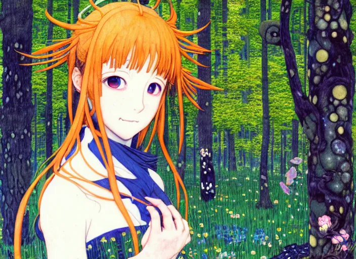 Prompt: portrait of the priestess in the forest, enchanted, magic, digital, concept art, (((shigeto koyama illustration!!!))),Kyoto animation,last exile, blue submarine no. 6, katsura masakazu,tsutomu nihei, gustav klimt,loish, murata range, kawaii, studio lighting, manga, bright colors, anime,beautiful, 35mm lens,noir, vibrant high contrast, gradation, jean giraud, moebius, fantasy, rule of thirds, unreal engine, fibonacci, intricate, cel shaded, blender npr, flat, matte print, smooth, Ilya Kuvshinov