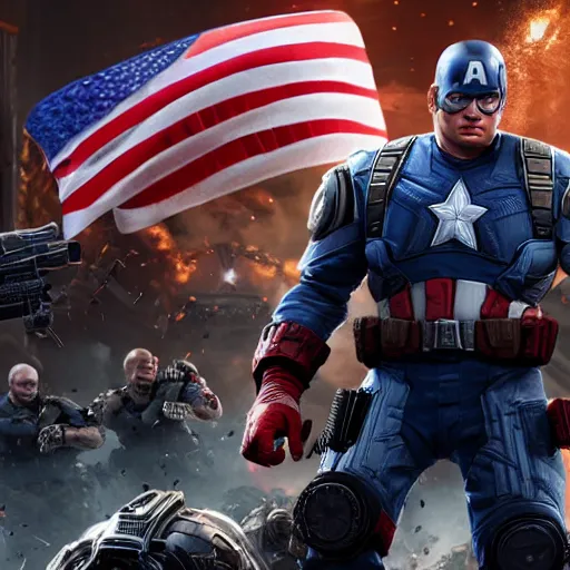 Image similar to Portrait of Donald Trump as ((captain america)) in Gears of War, patriotic, splash art, movie still, cinematic lighting, dramatic, octane render, long lens, shallow depth of field, bokeh, anamorphic lens flare, 8k, hyper detailed, 35mm film grain