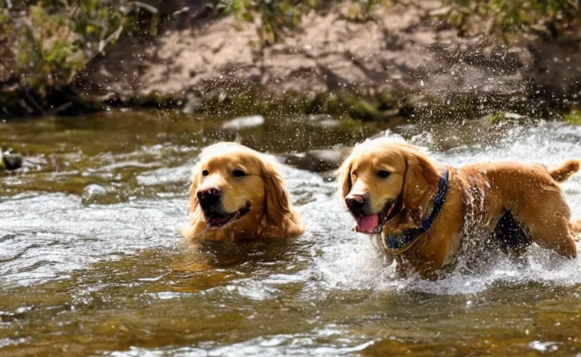 Prompt: photo of a golden retriever panning for gold in a river using a pan and finding gold nuggets
