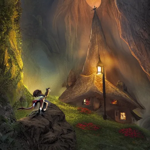 Image similar to my precious! - gollum / smeagol holds the ring high against the backdrop of a medieval village in switzerland, ornate, beautiful, atmosphere, vibe, flowers, concept art illustration, greg rutowski, volumetric lighting, sunbeams, particles