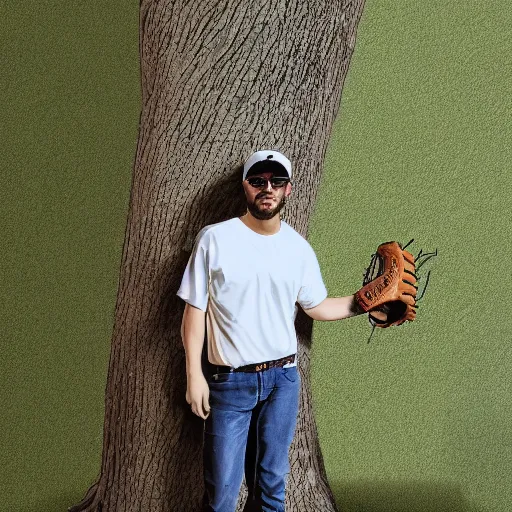 Image similar to a man in a baseball cap standing in front of a tree, a picture by Mac Conner, reddit, postminimalism, handsome, bryce 3d, aesthetic