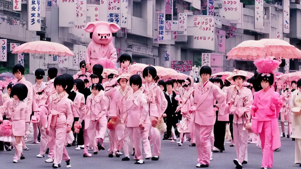 Image similar to manga of the imperial family in a parade on the streets Tokyo the imperial family are all dressed in pink and wearing pig masks, film still from the an anime directed by Katsuhiro Otomo with art direction by Salvador Dalí, wide lens