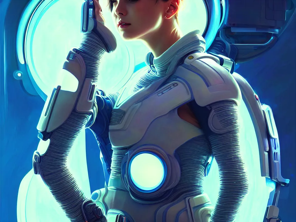 Image similar to portrait futuristic planet jupiter police uniform female, in a future huge spaceship internal, neon light, ssci - fi and fantasy, intricate and very very beautiful and elegant, highly detailed, digital painting, artstation, concept art, smooth and sharp focus, illustration, art by tan zi and ayanamikodon and alphonse mucha and wlop