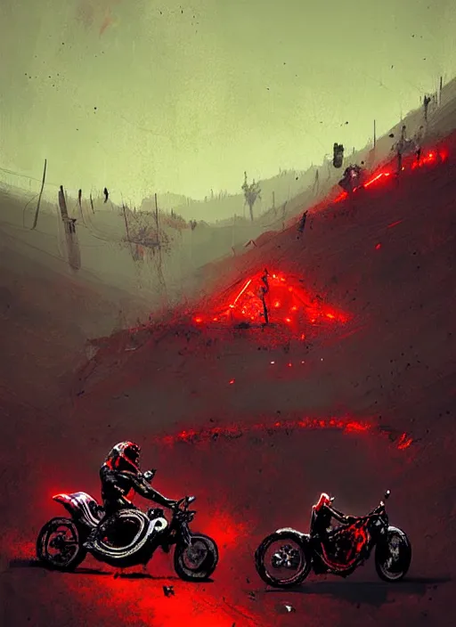 Prompt: horror art, motorbikers race in hell, red peaks in the background, art by ismail inceoglu