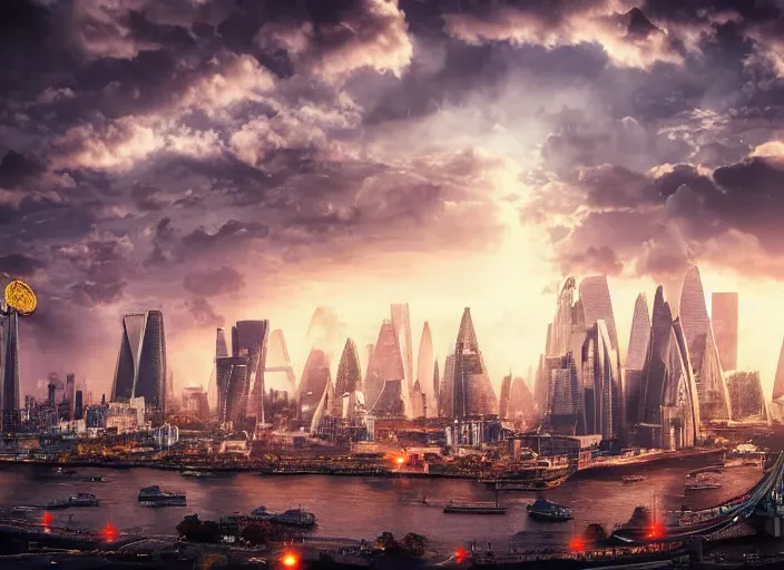 Prompt: epic cinematic artwork landscape of London's skyline in the year 3000, futurism, digital art, masterpiece, 4k