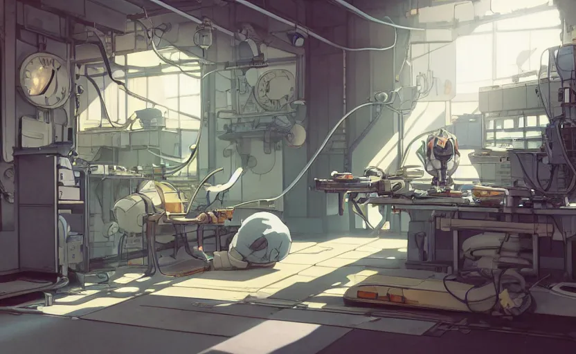 Prompt: an anime mechanical robot cat sleeping on a mechanics workbench in a spaceport in dieselpunk ghibli animated film, volumetric lighting, octane render by stanley artgerm, greg rutkowski, studio ghibli, alphonse mucha, norman rockwel, highly detailed, warm lighting, lens flare