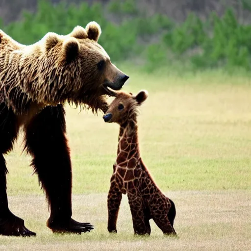 Prompt: Brown bear kisses giraffe