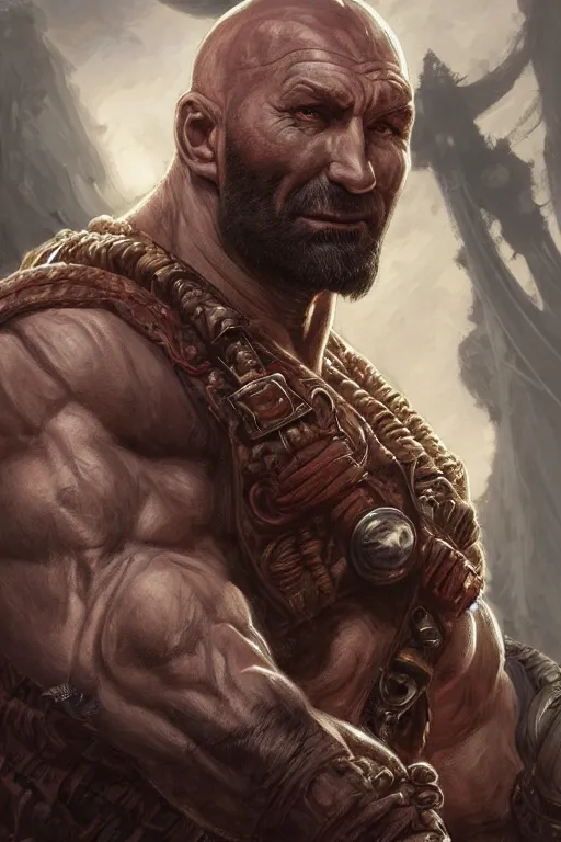 Image similar to ultra realistic illustration, hulking herculean dave bautista as a rogue pirate thief from baldurs gate and diablo, intricate from baldurs gate, elegant, highly detailed, digital painting, artstation, concept art, smooth, sharp focus, illustration, art by artgerm and greg rutkowski and alphonse mucha