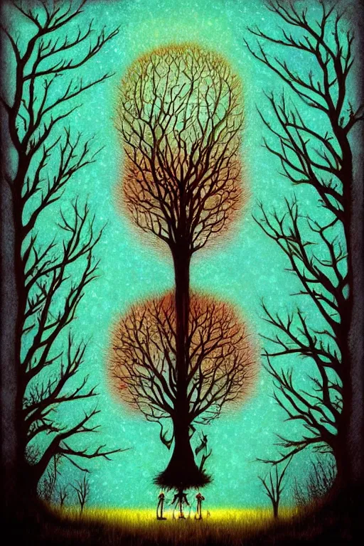 Prompt: surreal, fantasy, fairytale animals, hangman's tree, crossroads, forest, by andy kehoe