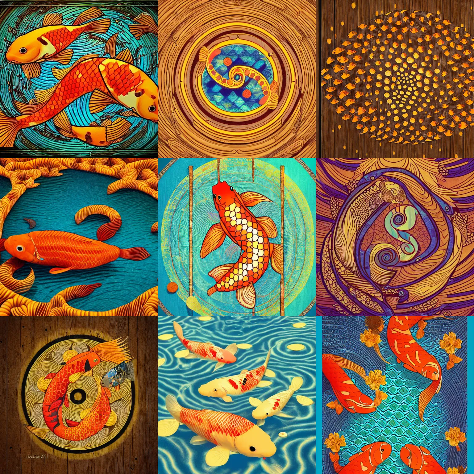 Prompt: koi fishes, fibonacci, golden ratio, sacred numbers, by audrey kawasaki, by loish, barbbara cannepa global illumination, cool colors, wood texture on top, unreal engine, octane renderer