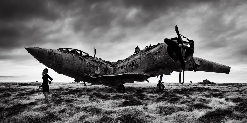 Image similar to a breathtaking photograph of windswept dunes scandinavian landscape, a beautiful woman in oscar de la rents standing beside a destroyed fighter plane + stone in center, ultra wide shot, cinematic, 8 k, dramatic lighting