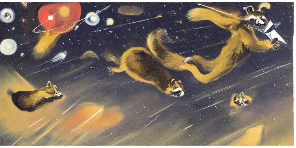 Prompt: raccoons flying across the galaxy, by francis bacon and edward hopper