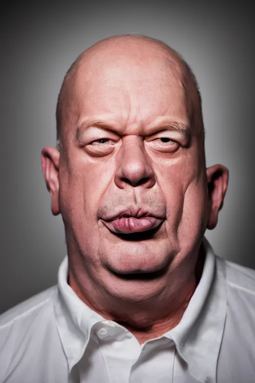 Image similar to studio portrait of man that looks excactly like homer simpson, lookalike, as if homer simpson came to life, soft light, black background, fine details, close - up, award winning photo by manny librodo