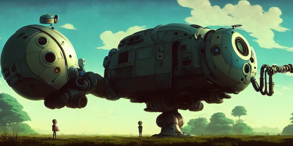 Prompt: a wholesome animation key shot of a post apocalyptic 8 0's robotic flying house, covered by nature hipster vibes by studio ghibli, animation, sharp, rendered in unreal engine 5, focused, anime key art by greg rutkowski, bloom, dramatic lighting