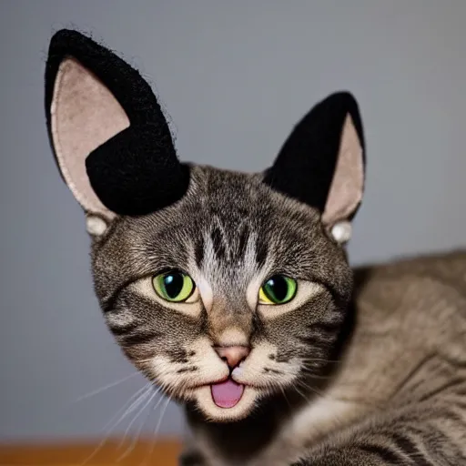 Image similar to cute cat photo licking tongue sticking out, wearing wool hat cat ears