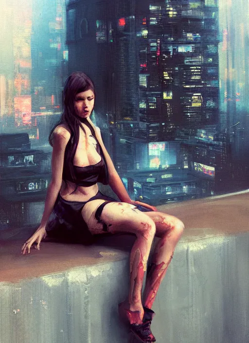 Image similar to girl sitting on a rooftop, cyberpunk, medium shot, expressive oil painting, by yoshitaka amano, by jeremy lipking, by artgerm, by wlop, digital art, portrait