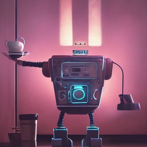 Image similar to soulful oil painting highly detailed futuristic robot serving a cup of coffee, by simon stalenhaag, by laurie greasley, high depth of field, fresh colors, coffee beans, coffee, steam, hyperdetailed, hyperrealistic, moody light, 3 d octane render, 4 k, volumetric lights, smooth, cosy atmosphere, artstation!