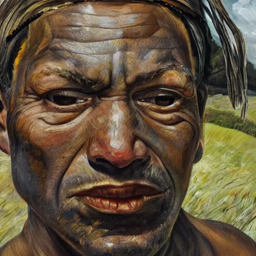 Image similar to high quality high detail painting by lucian freud, hd, portrait of a amazonian tribe leader, photorealistic lighting