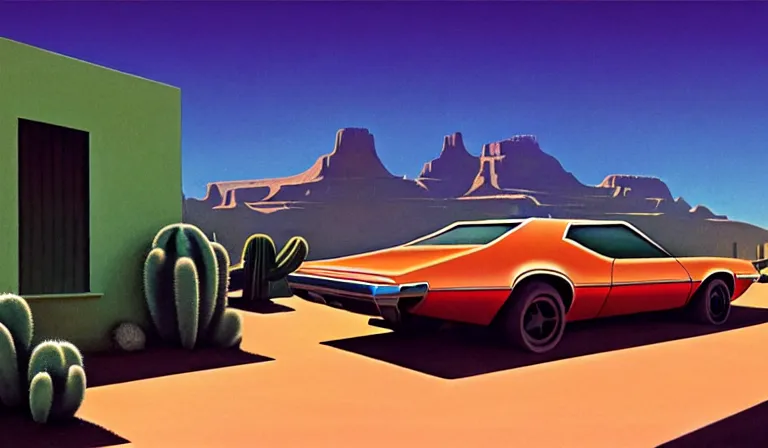 Image similar to a cinematic matte painting of a sleek 1 9 7 0 s vaporwave concept retro - futurism sci - fi muscle car in an open cluttered garage in the american southwest, view from the street. cactus. by eric lafforgue, glennray tutor and edward hopper, greg rutkowski. trending on artstation.