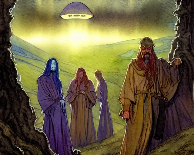 Image similar to a realistic and atmospheric watercolour fantasy character concept art portrait of a group of christians wearing robes and emerging from the mist on the moors of ireland at night. a ufo is in the sky. by rebecca guay, michael kaluta, charles vess and jean moebius giraud