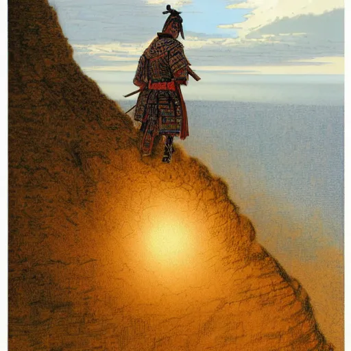 Prompt: a samurai looking into the horizon on a cliff, golden hour, dramatic lighting, fluid, smooth, bright, colours, high contrast, sharpness, very detailed, intricate, by donato giancola, gustave dore and junji ito