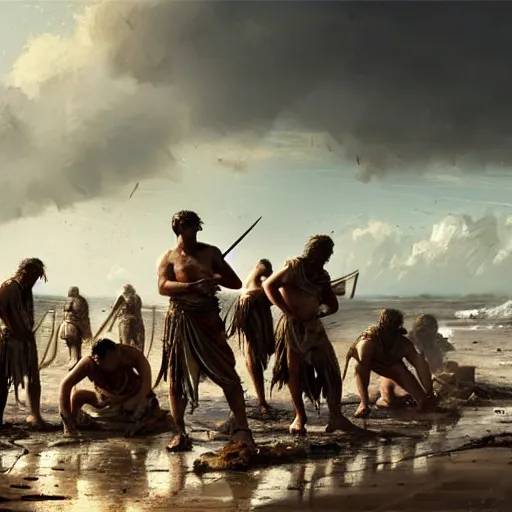 Image similar to a band of roman soldiers washing up on a sandy shore, tattered clothing, fragments of wood, crashing waves, by greg rutkowski, heroic, soaking wet, bright sun, calm sky, dramatic, realistic, detailed, ancient, artstation, artgerm, digital painting