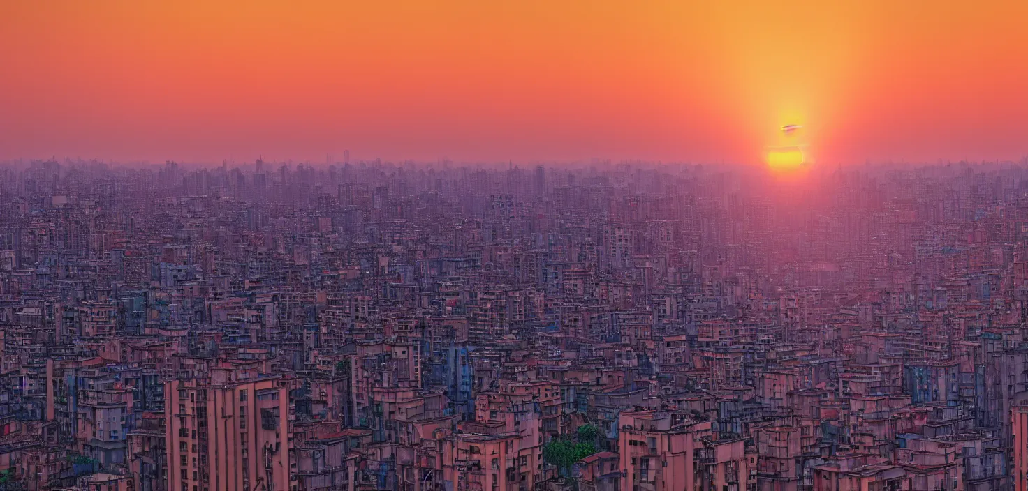 Image similar to studio ghiblli city, sunrise, 8 k denoised, high detail