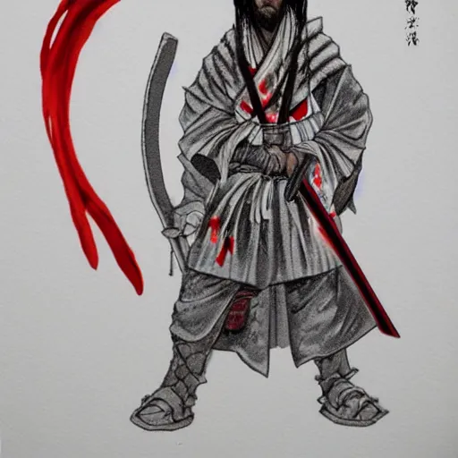 Image similar to samarai cloaked in white with swords, standing in light beam of a dark cave, ruby red sorrow, high quality, ultra detail.