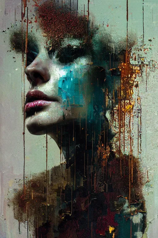 Image similar to a beautiful glitched painting by robert proch of a woman in a glitched bathroom, metal rust and plaster materials, pixel sorting, color bleeding, brushstrokes by jeremy mann, still life, dark colors