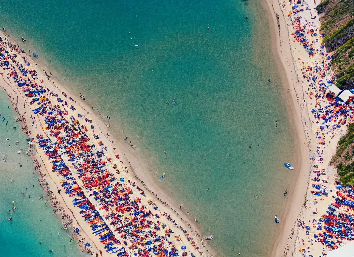 Image similar to symmetry!! a 2 8 mm macro aerial view of a crowded beautiful beach in greece, photography, film, film grain, canon 5 0 mm, cinematic lighting