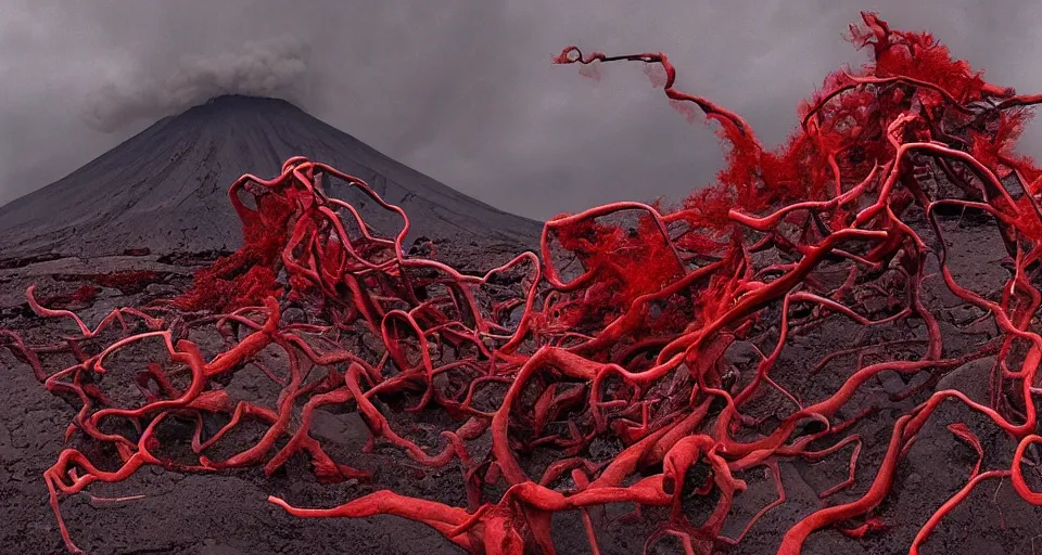 Image similar to a volcano made of ivory vines and crimson rocks enters in eruption, it spits a smoke in the shape of demonic eye, by Peter Holme III