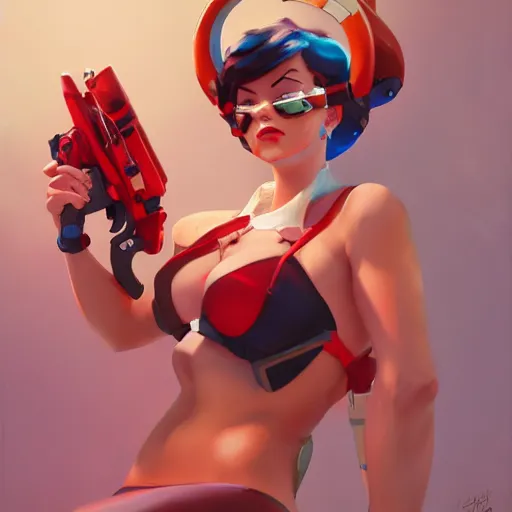 Prompt: pinup overwatch tracer in a red bikini, artwork by sergey kolesov, medium shot, asymmetrical, organic painting, sunny day, matte painting, bold shapes, hard edges, street art, trending on artstation, by huang guangjian and gil elvgren and sachin teng
